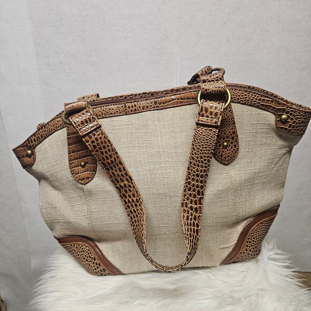 Vintage 90s Coldwater Creek Canvas Faux Croc Embossed Tote Bag Beige Brown